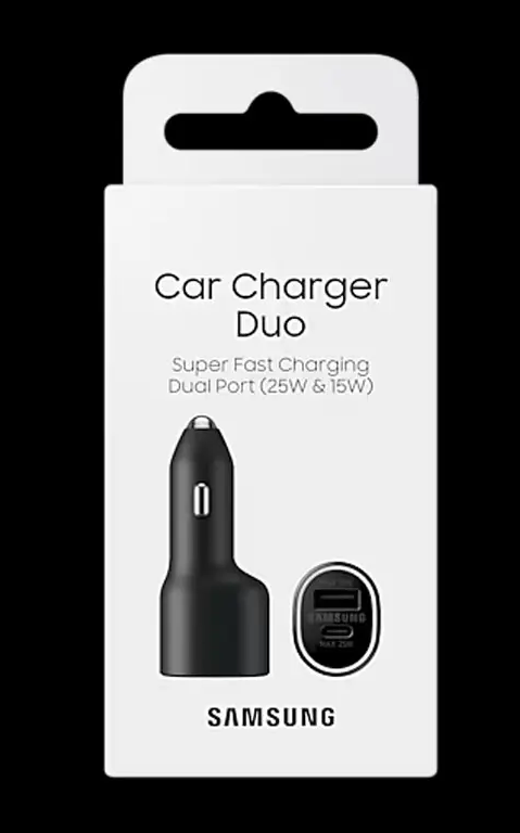 شارژر فندکی 2 پورت 25 وات سامسونگ مدل DUO، اتصال فندکی خودرو، درگاههای خروجی USB-C، دارای قابلیت شارژ تبلت و شارژ سریع موبایل
