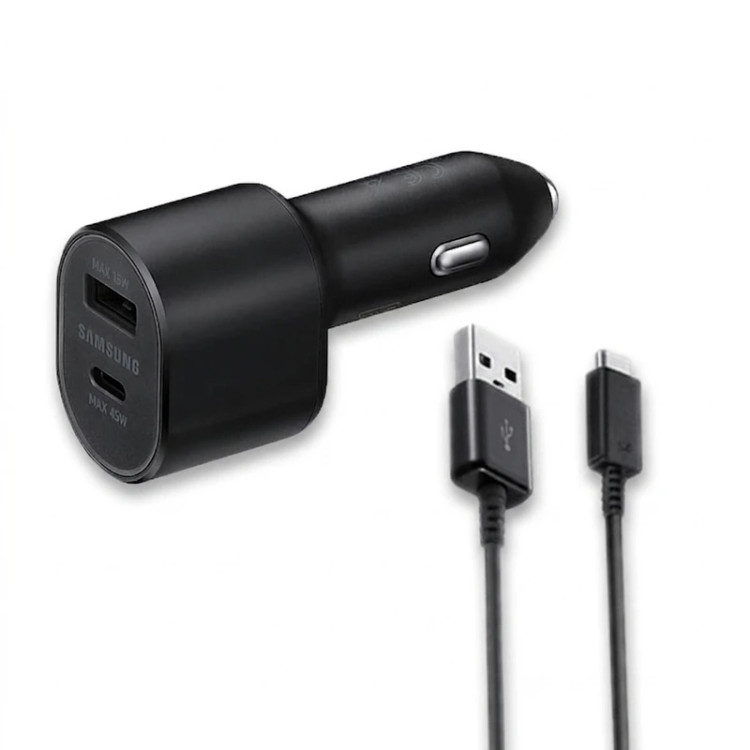 شارژر فندکی 2 پورت 45 وات سامسونگ مدل EP-L5300XBEGWW، اتصال فندکی خودرو، درگاههای خروجی USB-A و USB-C، به همراه کابل USB-C، دارای قابلیت شارژ سریع و شارژ تبلت، تکنولوژی شارژ PD، QC و AFC، توان خروجی کلی 60 وات
